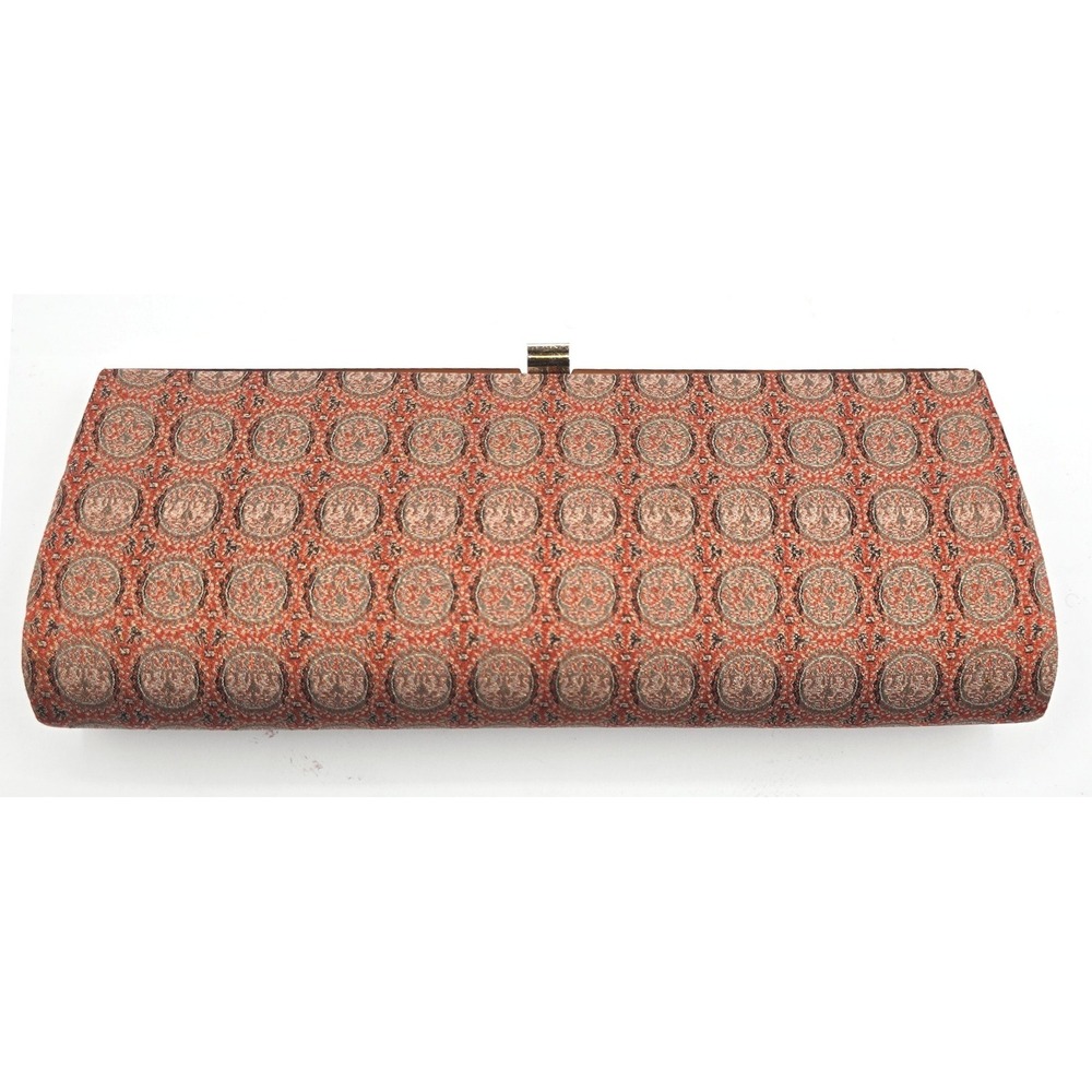 Vintage Tapestry Clutch Purse Orange Red Medallion Lucite Frame Evening Mirror